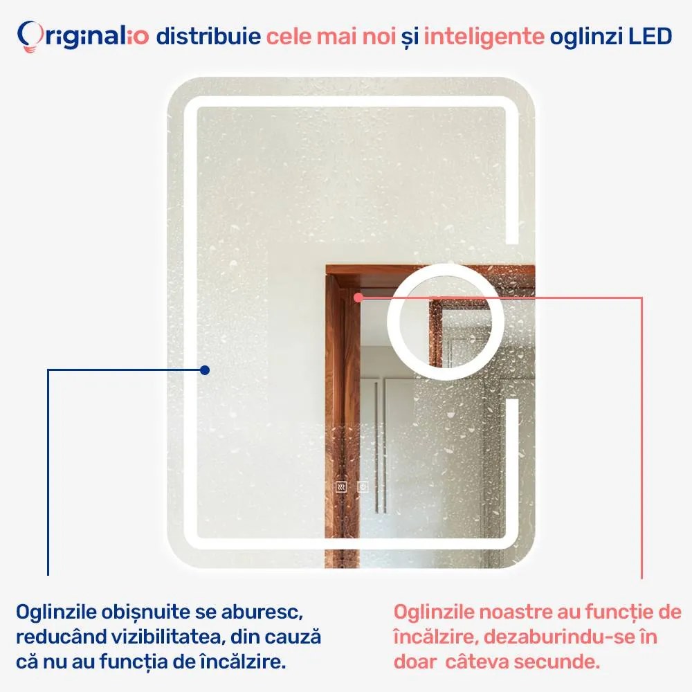 Oglindă LED Dreptunghiulară (60x80 cm), 3 Moduri Iluminare (Lumină Rece, Naturală, Caldă), Intensitate Reglabilă, Funcție Dezaburire, Lupă Cosmetică, Control Tactil (Touch)