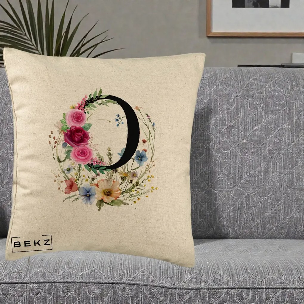 Cadou Personalizat - Perna Personalizata Monogram Litera O cu Flori Acuarela, 40x40 cm, Bej, Husa Detasabila, Perna Inclusa, BEKZ®