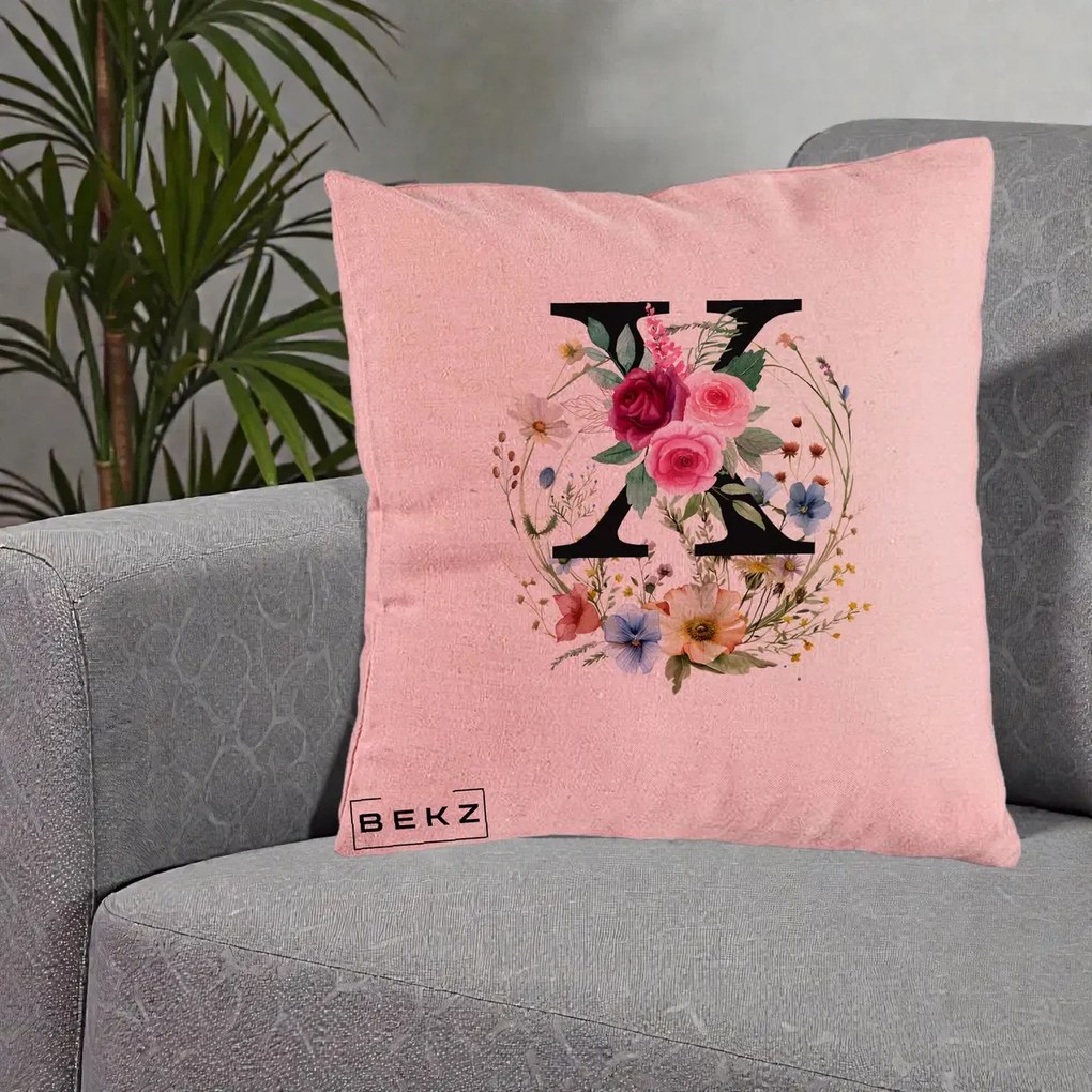 Cadou Personalizat - Perna Personalizata Monograma Florala Litera X cu Coroana, 40x40 cm, Roz, Husa Detasabila, Perna Inclusa, BEKZ®