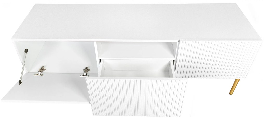 Comodă TV cu sertar Nicole 150 cm pe picioare metalice - alb mat / picioare aurii