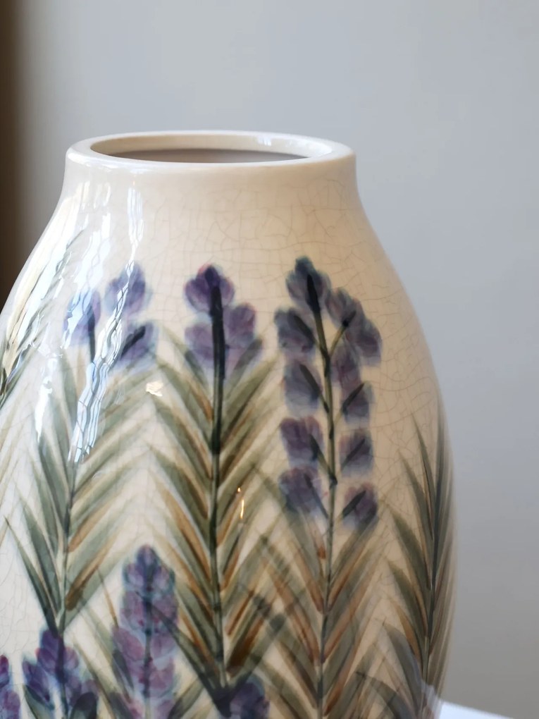 Vaza din ceramica, crem, cu motive florale, H25.5/D16.5cm