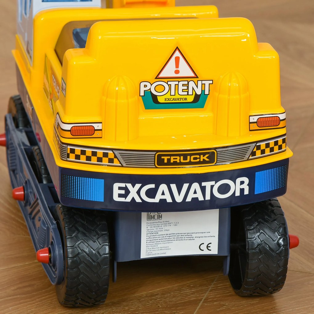 HOMCOM Buldozer Jucarie cu Excavator Manual Scaun Rotativ si Casca, Jucarie prevazuta cu Loc, Copii 2-3 ani, 77x26x55cm, Galben
