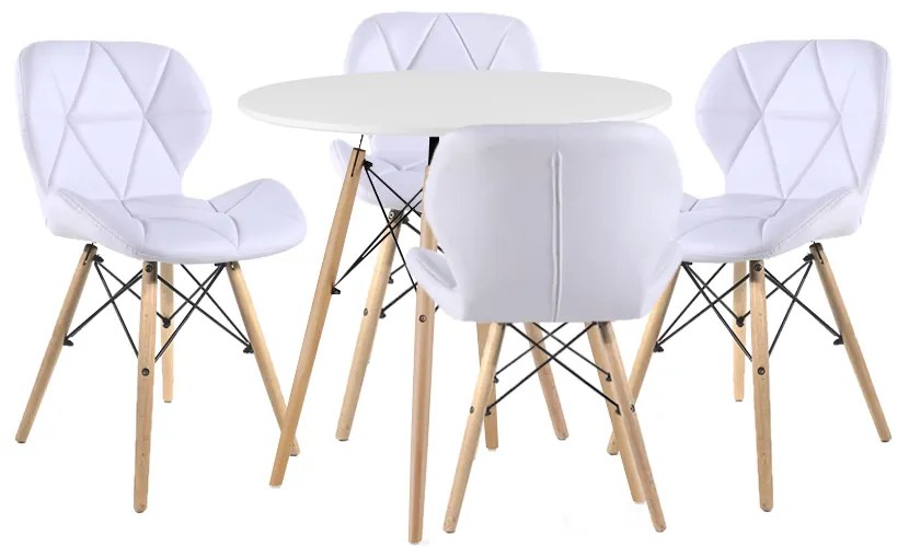 Set Masa Rotunda Fixa Linda 80 Cm Si 4 Scaune Bucatarie/Dining Kross Albe Piele Ecologica