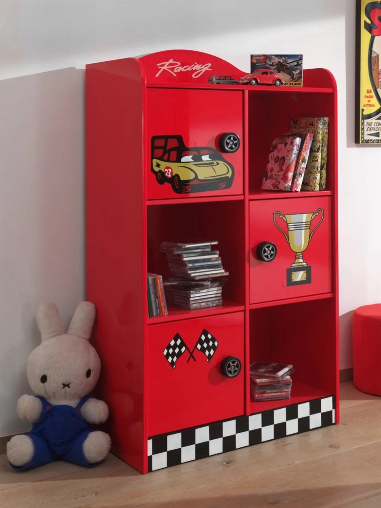 Set Cameră Auto pentru Copii: Pat GRAND TURISMO și Bibliotecă RACER, 2 Piese, Albastru/Roșu (MDF) – Vipack