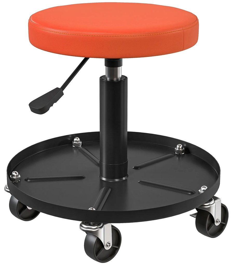 HOMCOM Taburet de atelier cu 5 roți pivotante 360°, înălțime reglabilă 38-50 cm, cu tavă, 38 x 38 x 38-50 cm, portocaliu | Aosom Romania