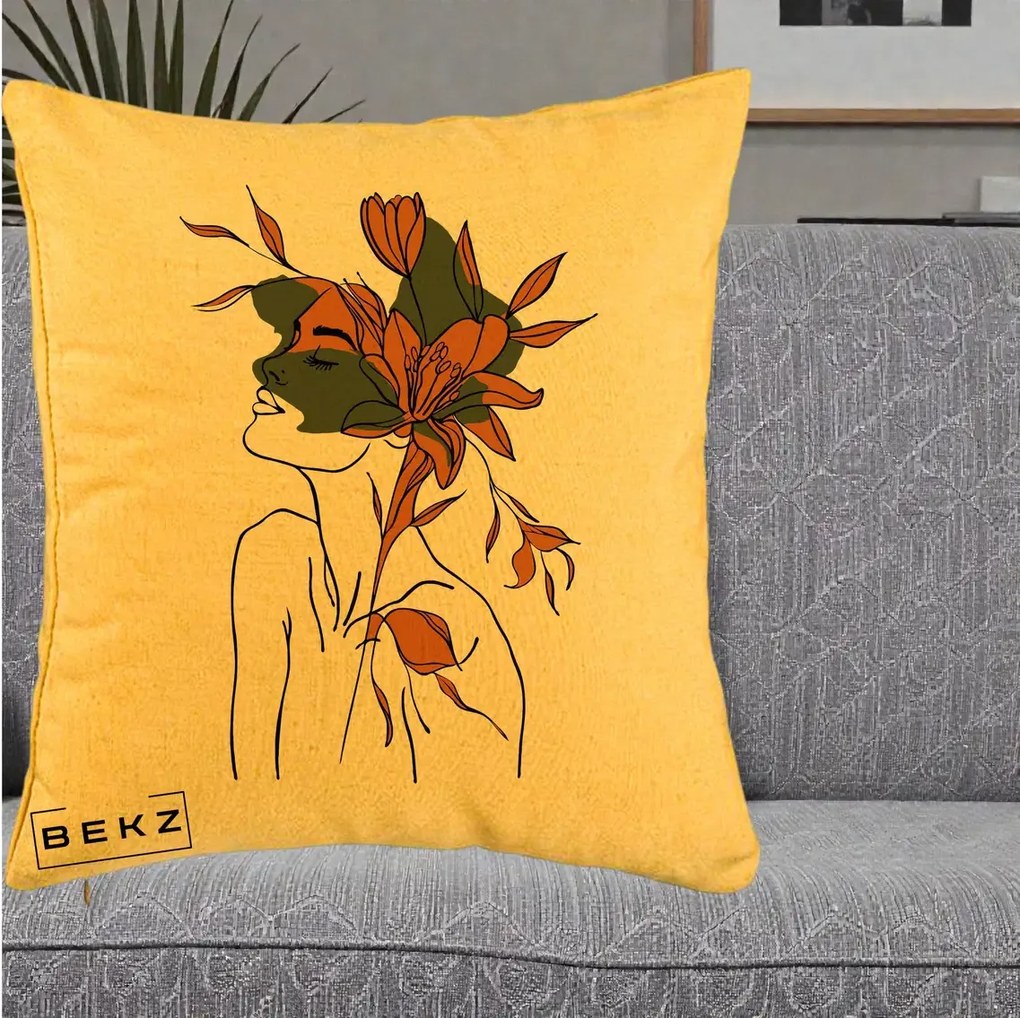 Perna Decorativa Portret Feminin Crin Auriu, 40x40 cm, Galben, Husa Detasabila, Perna Inclusa, BEKZ®