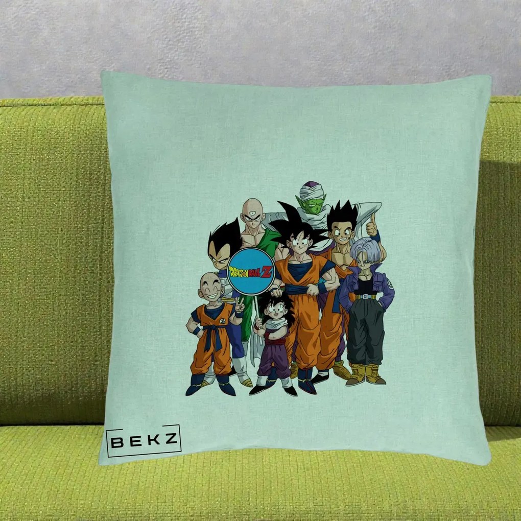 Perna Personalizata Dragon Ball Z Grup Complet, 40x40 cm, Verde Menta, Husa Detasabila, Perna Inclusa, BEKZ®