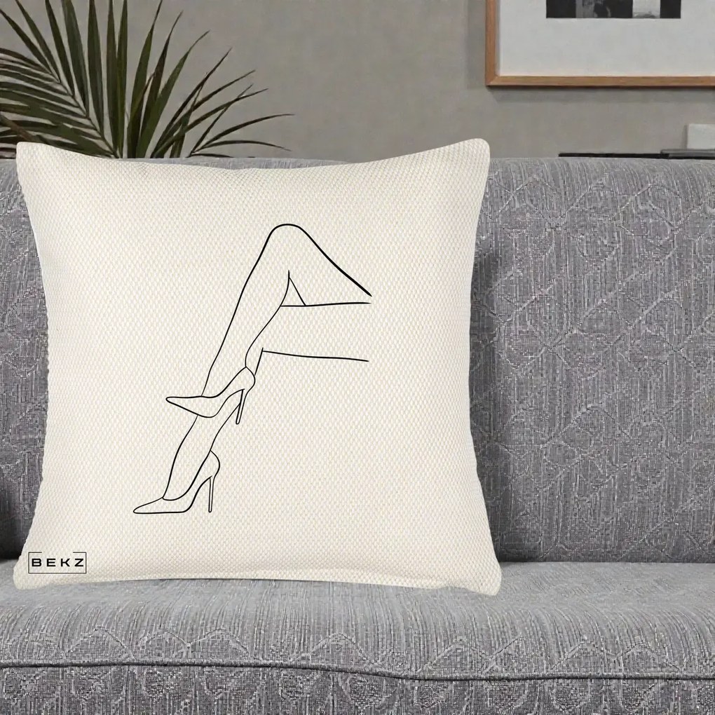 Perna Decorativa Picioare cu Tocuri Line Art, 40x40 cm, Crem Reliefat, Husa Detasabila, Perna Inclusa, BEKZ®