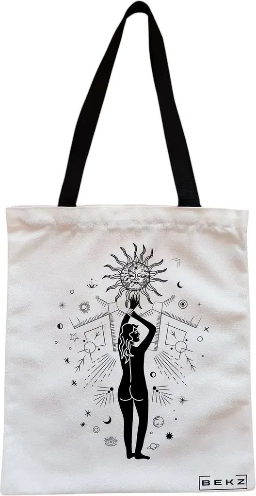 Sacosa de Panza pentru Cumparaturi, Geanta Tote, model Conexiune Solara, Cu fermoar, 38x34.5 cm, Alba, BEKZ®