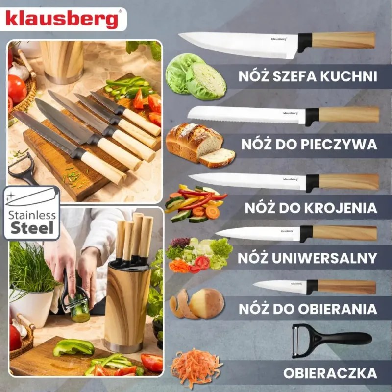 Set de cuțite de bucătărie Klausberg KB 9036, 7 piese, oțel inoxidabil, aspect de lemn, suport, maro