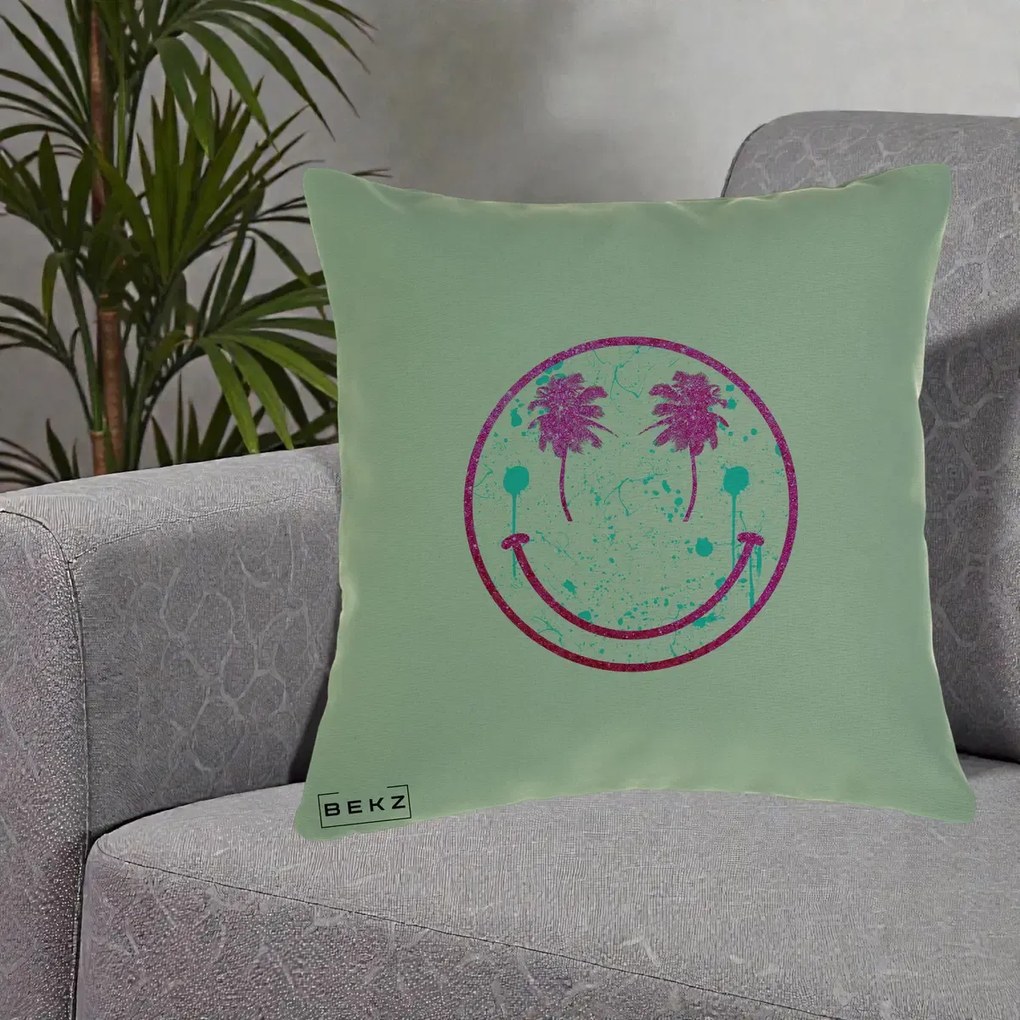 Perna Decorativa Smiley Face Tropical Glitter Roz, 40x40 cm, Verde, Husa Detasabila, Perna Inclusa, BEKZ®