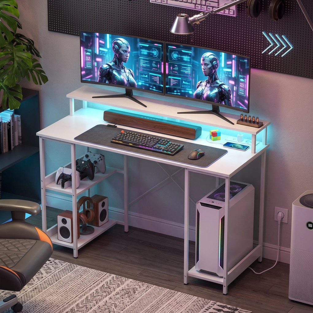HOMCOM Birou pentru Computer Reversibil cu Rafturi, 120x50 cm, cu Prize și Lumini LED, Alb cu Efect de Lemn | Aosom Romania