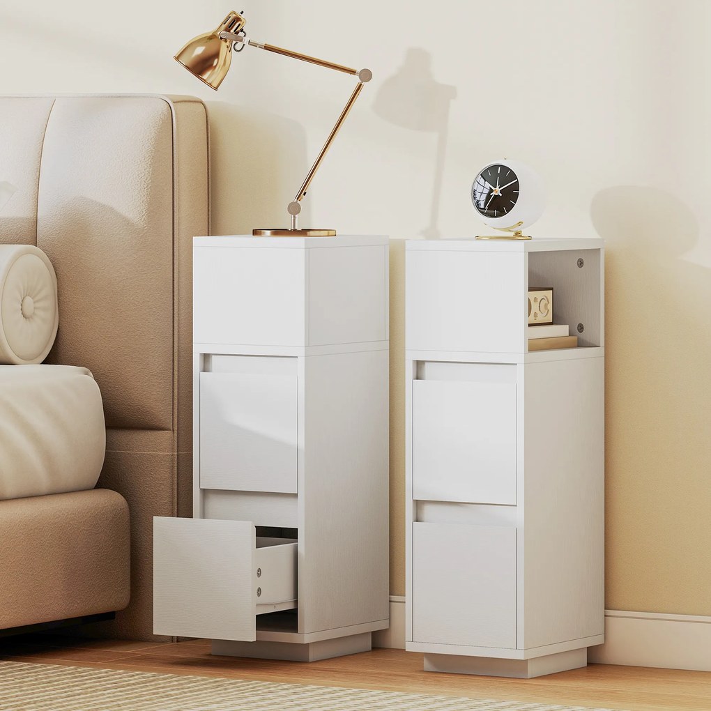 HOMCOM Set de 2 Noptiere Înalte și Subțiri pentru Dormitor cu 2 Sertare și Raft Deschis, Noptiere Moderne Economisitoare de Spațiu, Măsuțe pentru Divan, Sufragerie și Dormitor, 25x30x65 cm, Alb | Aosom Romania