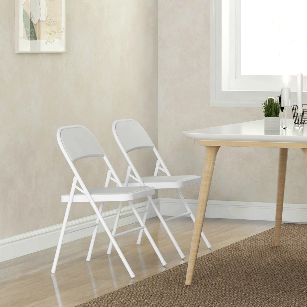 HOMCOM Set de 2 Scaune Pliabile, Scaune Moderne cu Perne din Poliester pentru Acasă și Birou, 45x46x78 cm, Alb | Aosom Romania