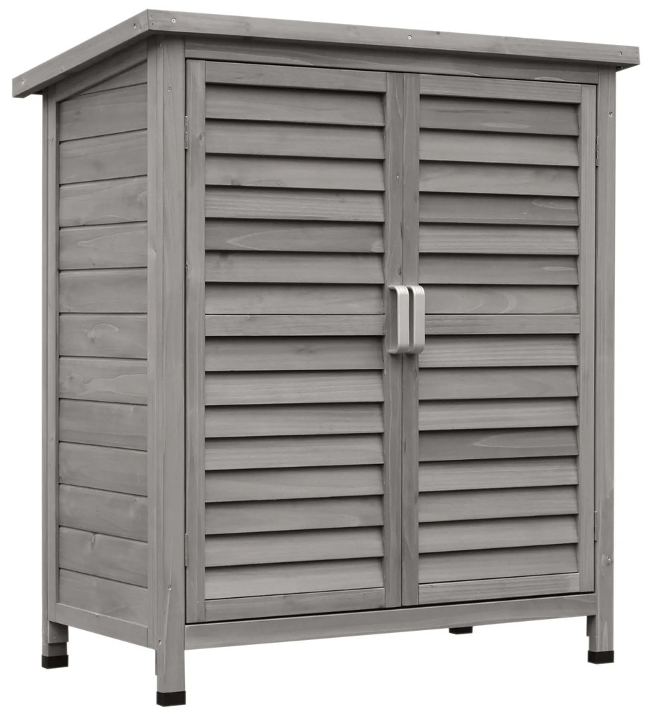 Outsunny Remiză de grădină pentru unelte, pe picioare, cu uși obloane și acoperiș bitum, din brad, 87x46,5x96,5 cm, gri | Aosom Romania