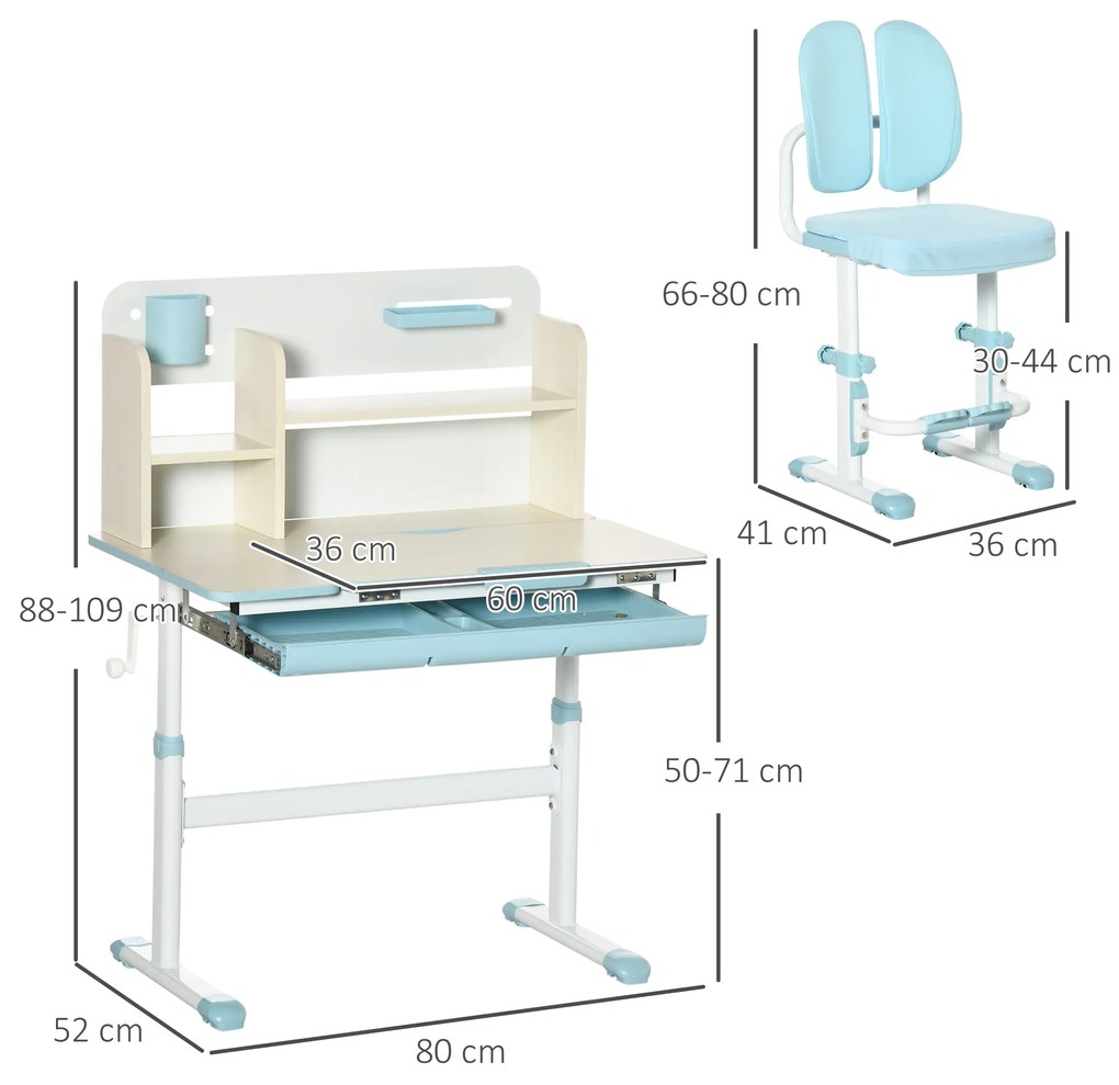 HOMCOM Set de birou si scaun cu inaltime reglabila Birou de scriere pentru copii masa de studiu pentru scoala cu raft | Aosom Romania