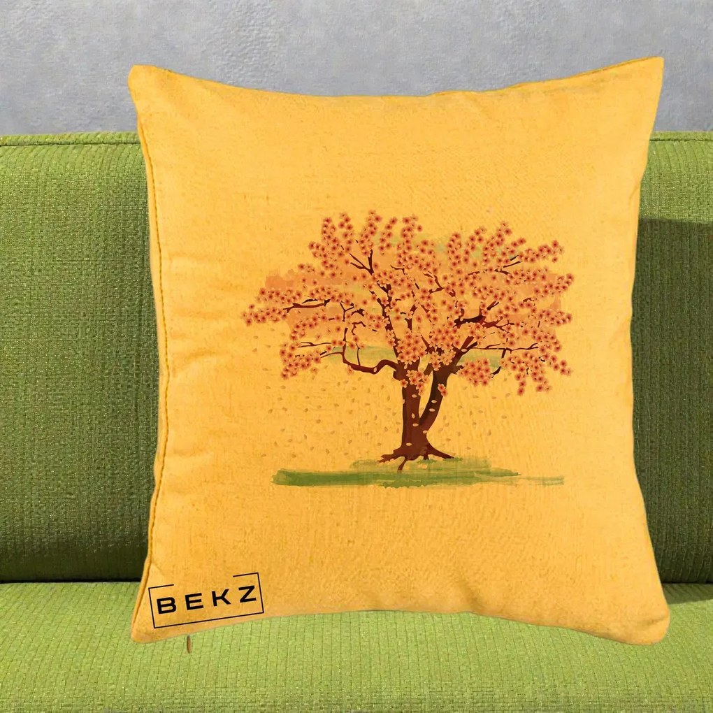 Perna Decorativa Cires Inflorit Acuarela, 40x40 cm, Galben, Husa Detasabila, Perna Inclusa, BEKZ®