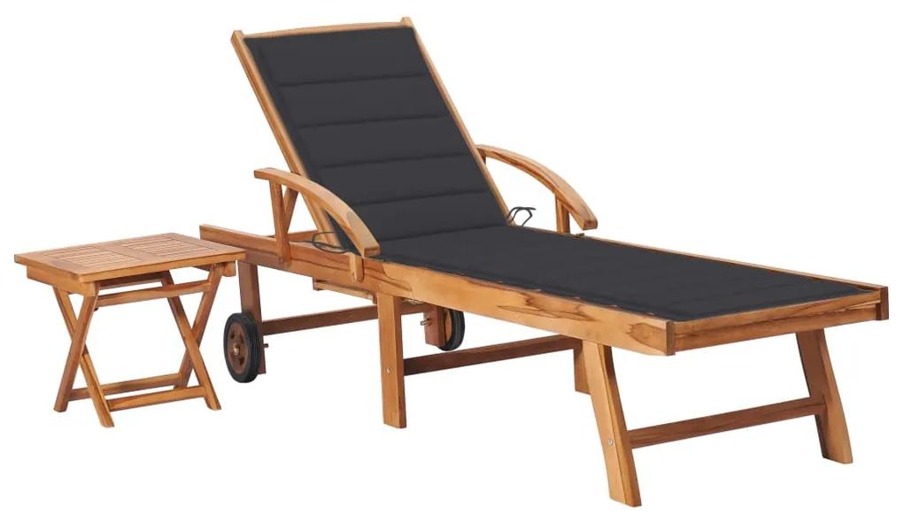 3063021 vidaXL Șezlong cu pernă și masă, lemn masiv de tec