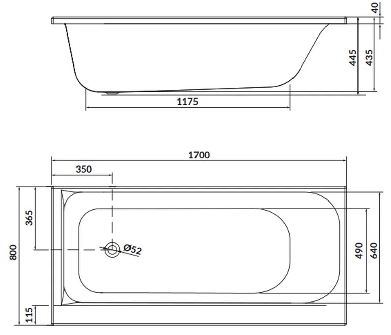 Cada baie incastrata Cersanit Smart, 170 x 80 cm, orientare dreapta, alb lucios 1700x800 mm, Dreapta