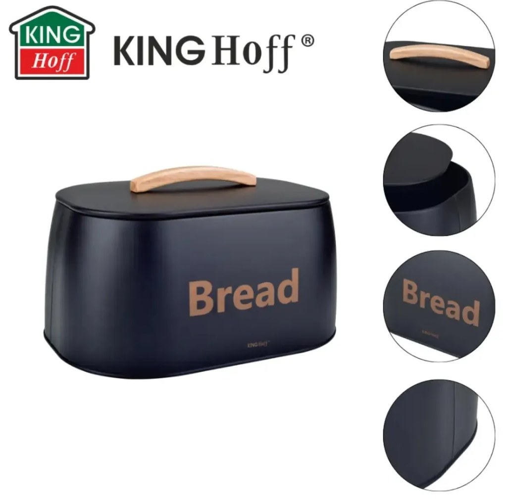 Cutie pentru pâine din metal cu mâner din lemn, 34×24×18.5 cm, neagră, KINGHoff KH-1946