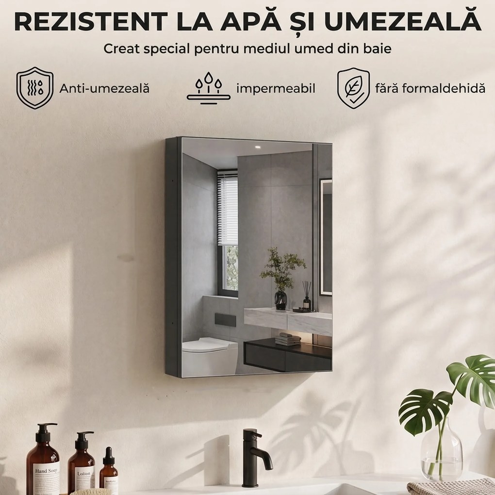 HOMCOM Dulap de baie cu oglindă, raft reglabil, panou multifuncțional, negru | Aosom Romania