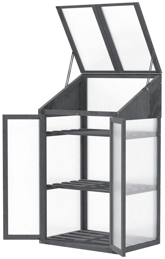 Outsunny Mini-seră, seră mică cu cadru din lemn, ferestre și uși duble, 3 rafturi, 70L x 50W x 120H cm, gri | Aosom Romania
