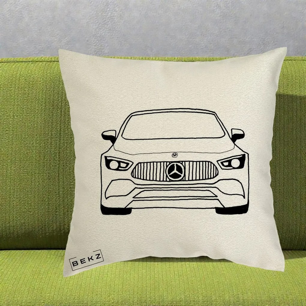 Perna Personalizata Mercedes-Benz Fata Linie, 40x40 cm, Ecru, Husa Detasabila, Perna Inclusa, BEKZ®