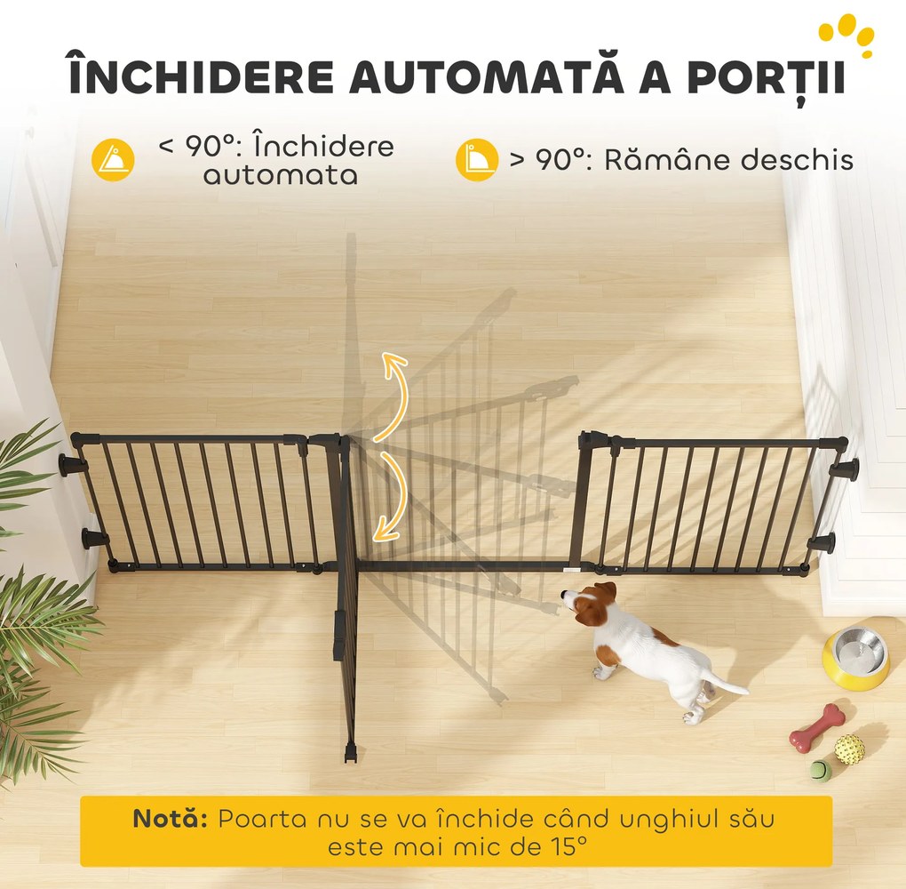 PawHut Poartă de Siguranță Pliabilă Oțel Închidere/Blocare Automată 202.5x2x76 cm Neagră Ușor de Folosit | Aosom Romania