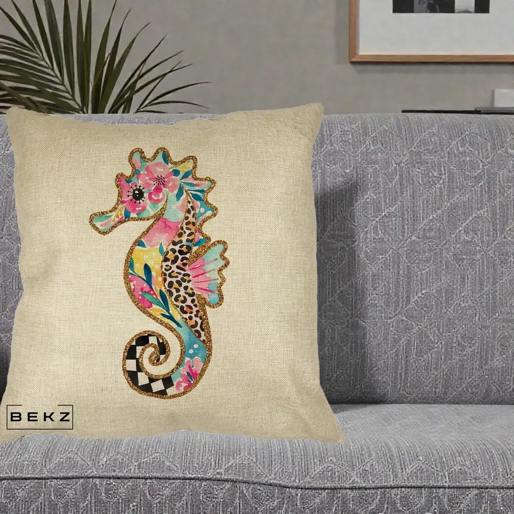 Perna Decorativa Calut de Mare Glitter Tropical, 40x40 cm, Crem, Husa Detasabila, Perna Inclusa, BEKZ®