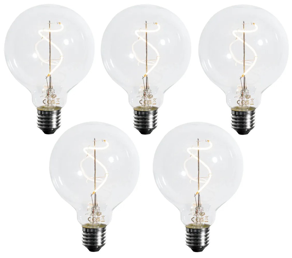 Set de 5 becuri LED cu filament spiralat E27, reglabile, G95, 4W, 270LM, 2700K