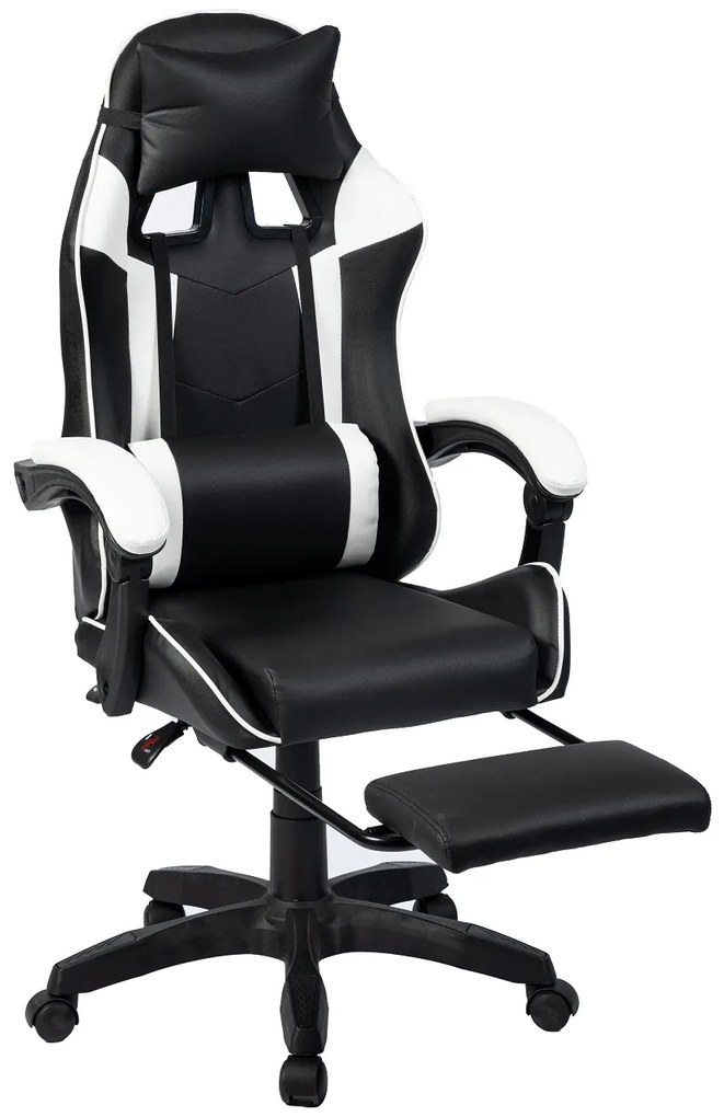 Scaun gaming, masaj în perna lombară, suport picioare, PU, Negru/Alb