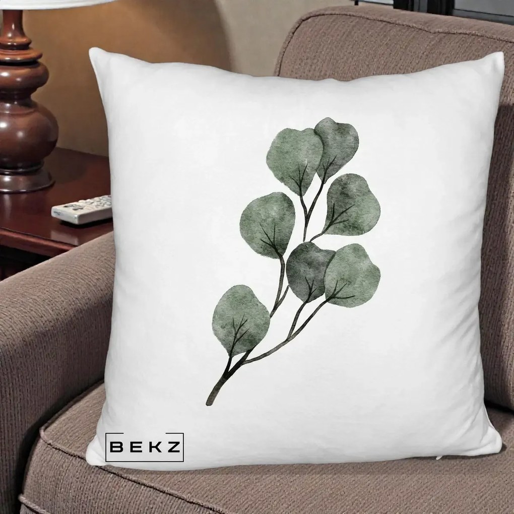 Perna Decorativa Ramura Eucalipt Acuarela, 40x40 cm, Alb Pufos, Husa Detasabila, Perna Inclusa, BEKZ®