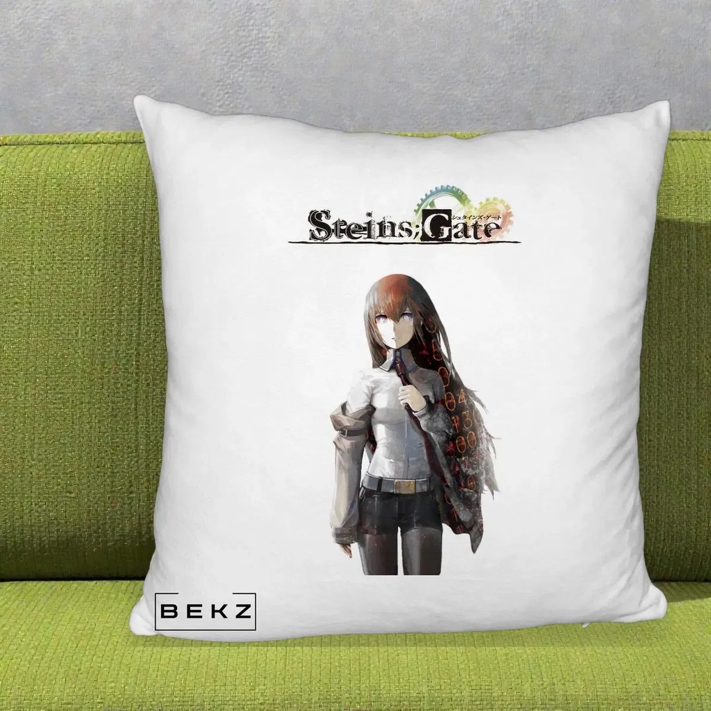 Perna Personalizata Steins Gate Kurisu Makise Anime, 40x40 cm, Alb Pufos, Husa Detasabila, Perna Inclusa, BEKZ®
