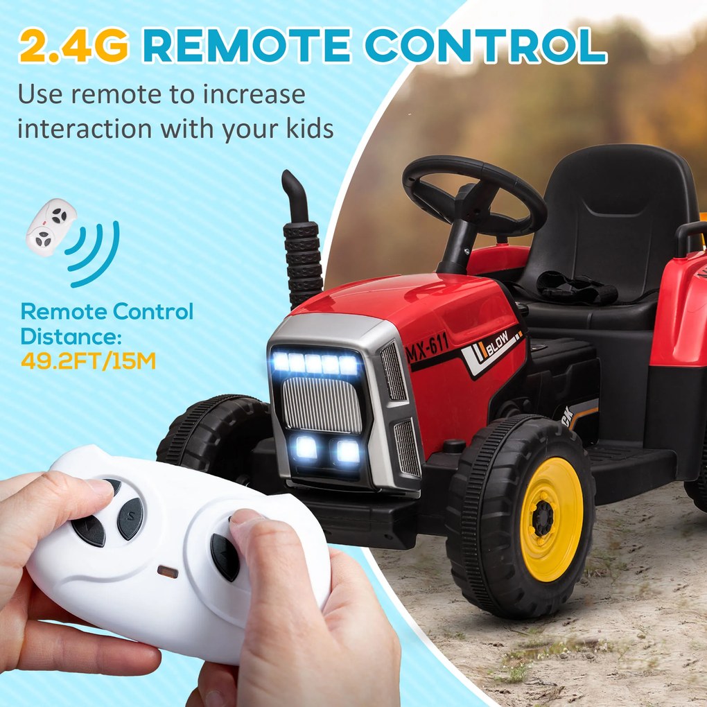 HOMCOM Tractor Electric pentru Copii cu Remorcă Detașabilă, Telecomandă și Lumini, pentru Copii 3-6 Ani, 136,5x50x52,5 cm, Roșu | Aosom Romania