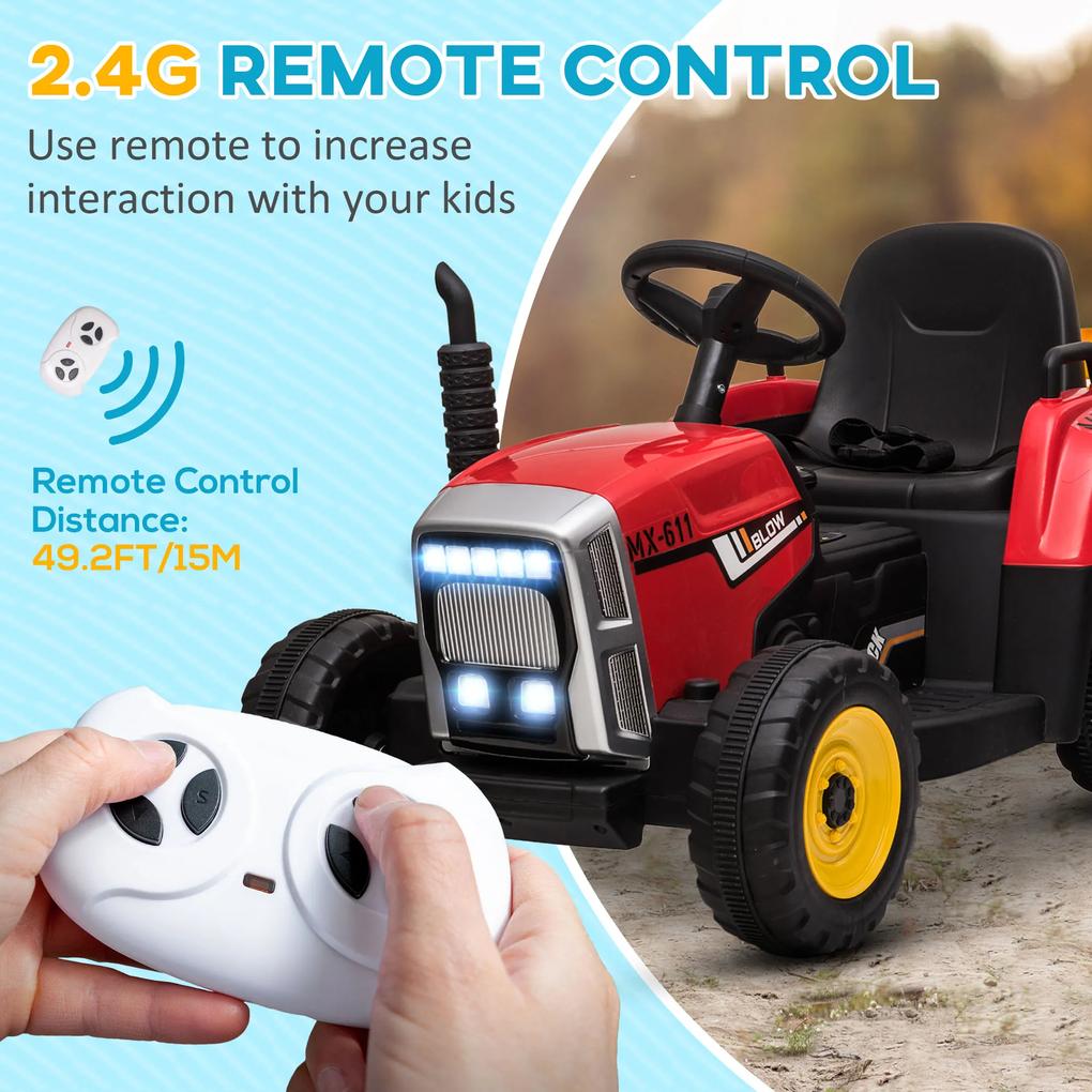 Tractor electric pentru copii cu remorcă detașabilă, baterie reîncărcabilă 12V cu telecomandă, lumini, pentru 3-6 ani, roșu HOMCOM | Aosom RO
