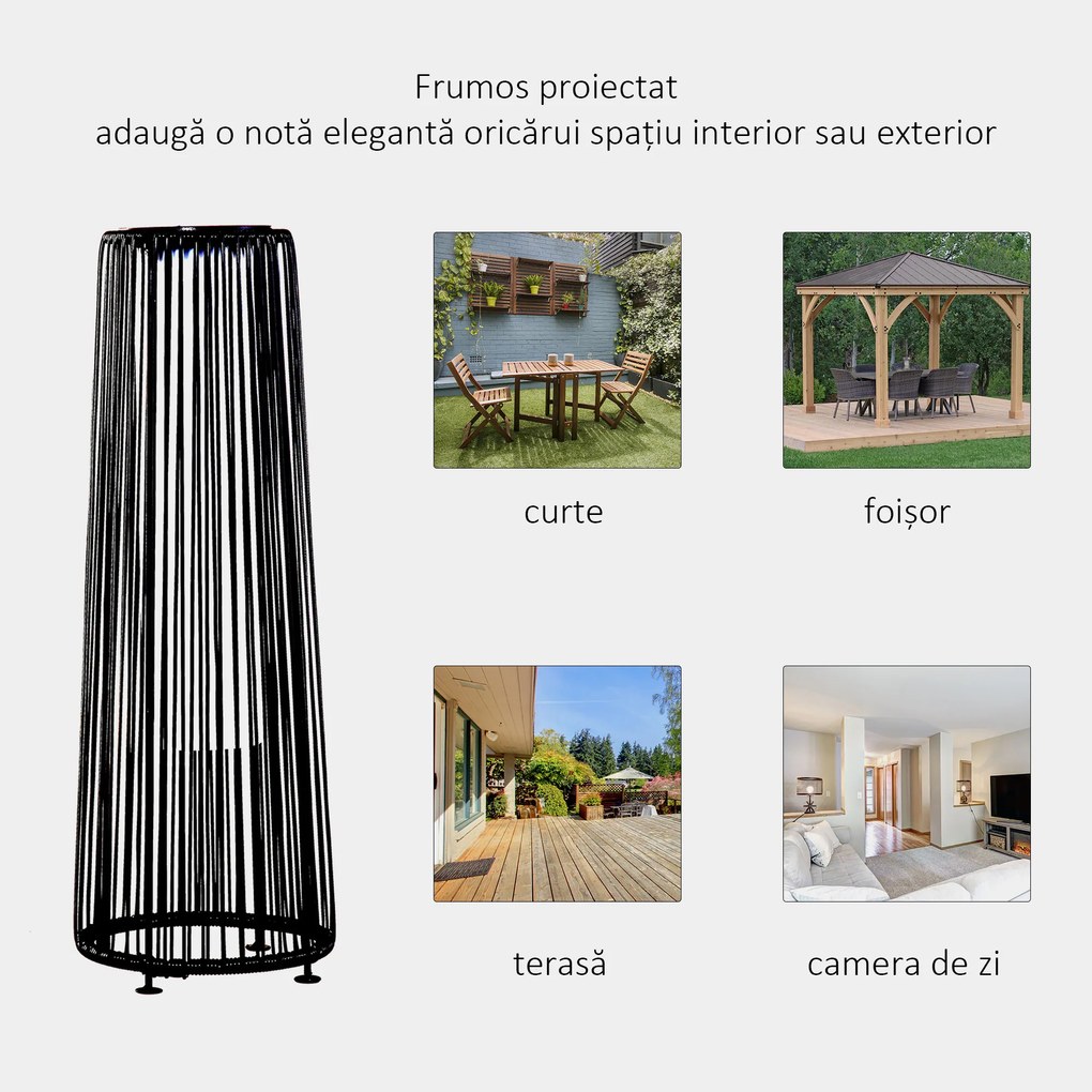 Outsunny Lanternă Solară de Grădină cu Panou de Încărcare, Lampă solară de Exterior din Metal și Ratan, Ø21.5x61 cm, Negru | Aosom Romania