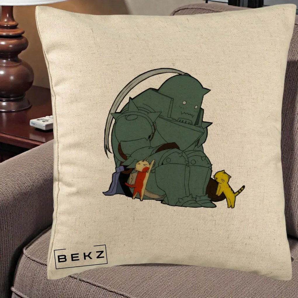 Perna Personalizata Fullmetal Alchemist Alphonse cu Pisici, 40x40 cm, Bej, Husa Detasabila, Perna Inclusa, BEKZ®