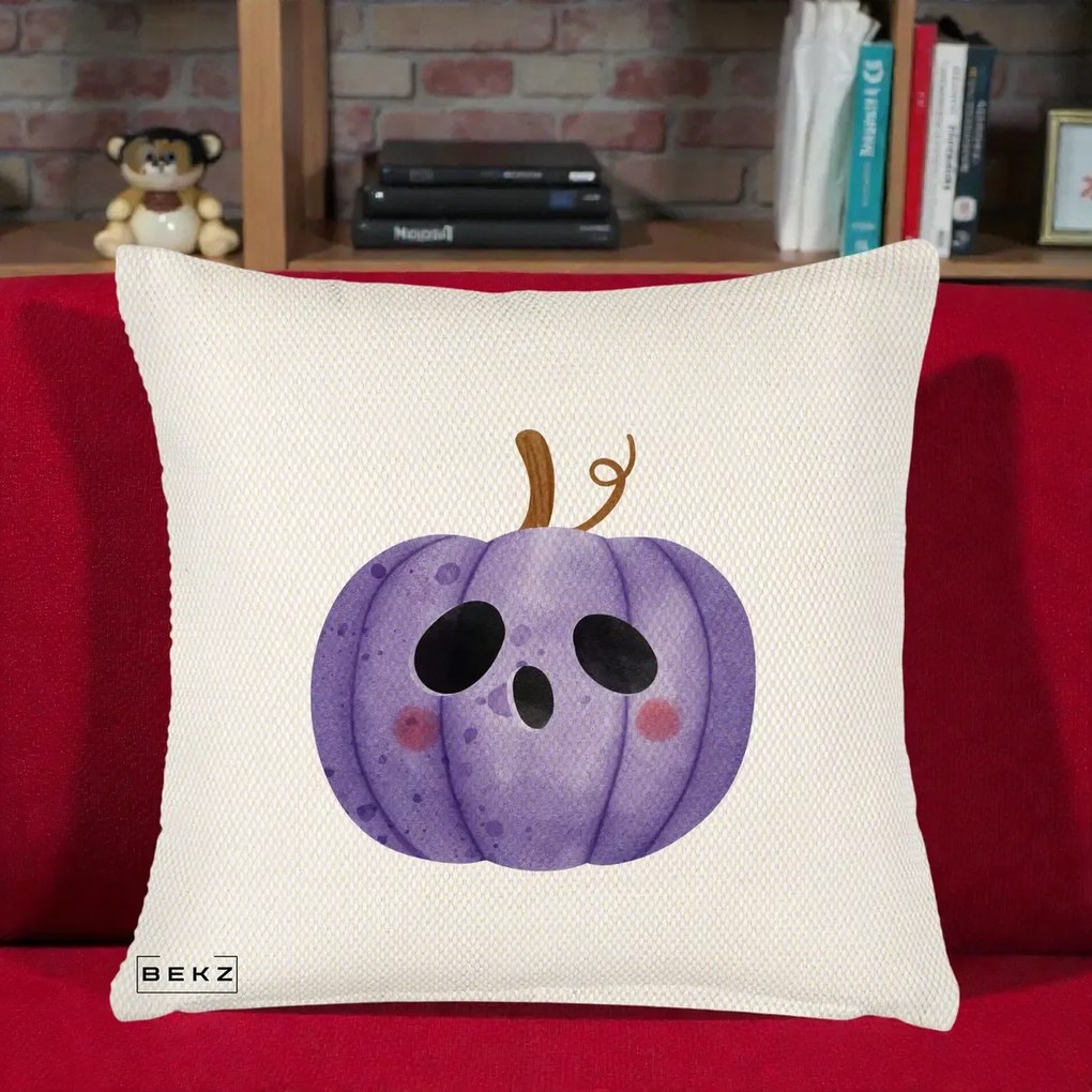 Perna Decorativa Dovleac Halloween Mov Kawaii, 40x40 cm, Crem Reliefat, Husa Detasabila, Perna Inclusa, BEKZ®