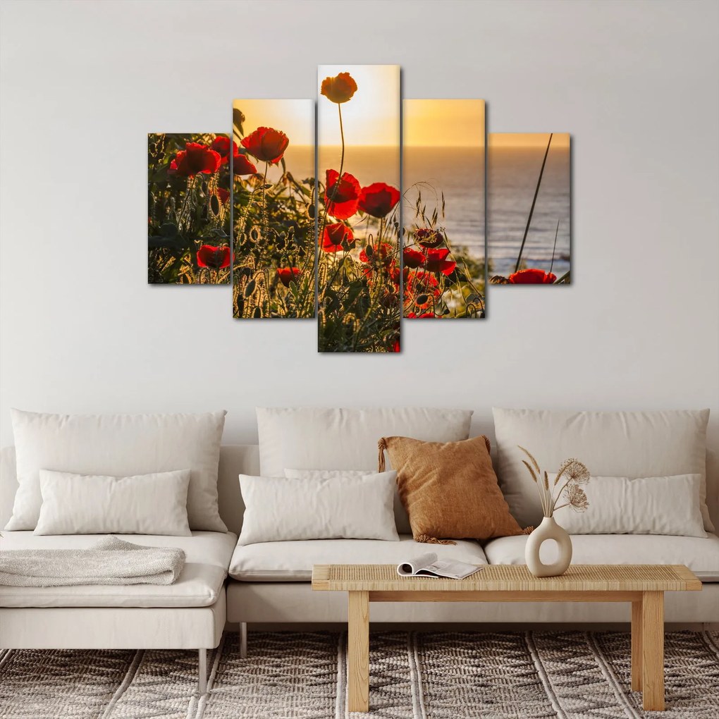 Tablou cu apus de soare cu flori de maci (150x105 cm)