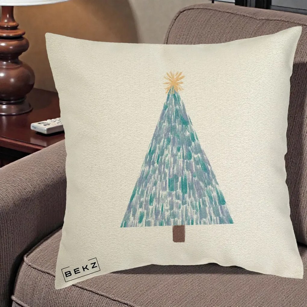 Perna Decorativa Brad de Craciun Acrilic Albastru, 40x40 cm, Ecru, Husa Detasabila, Perna Inclusa, BEKZ®