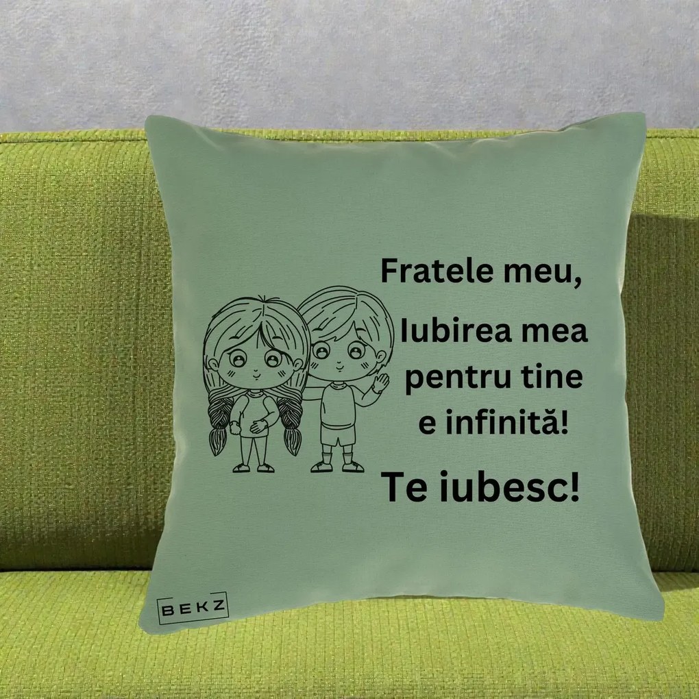 Cadou pentru Frate - Perna Personalizata Fratele Meu Te Iubesc Copii Anime Line Art Negru, 40x40 cm, Verde, Husa Detasabila, Perna Inclusa, BEKZ®