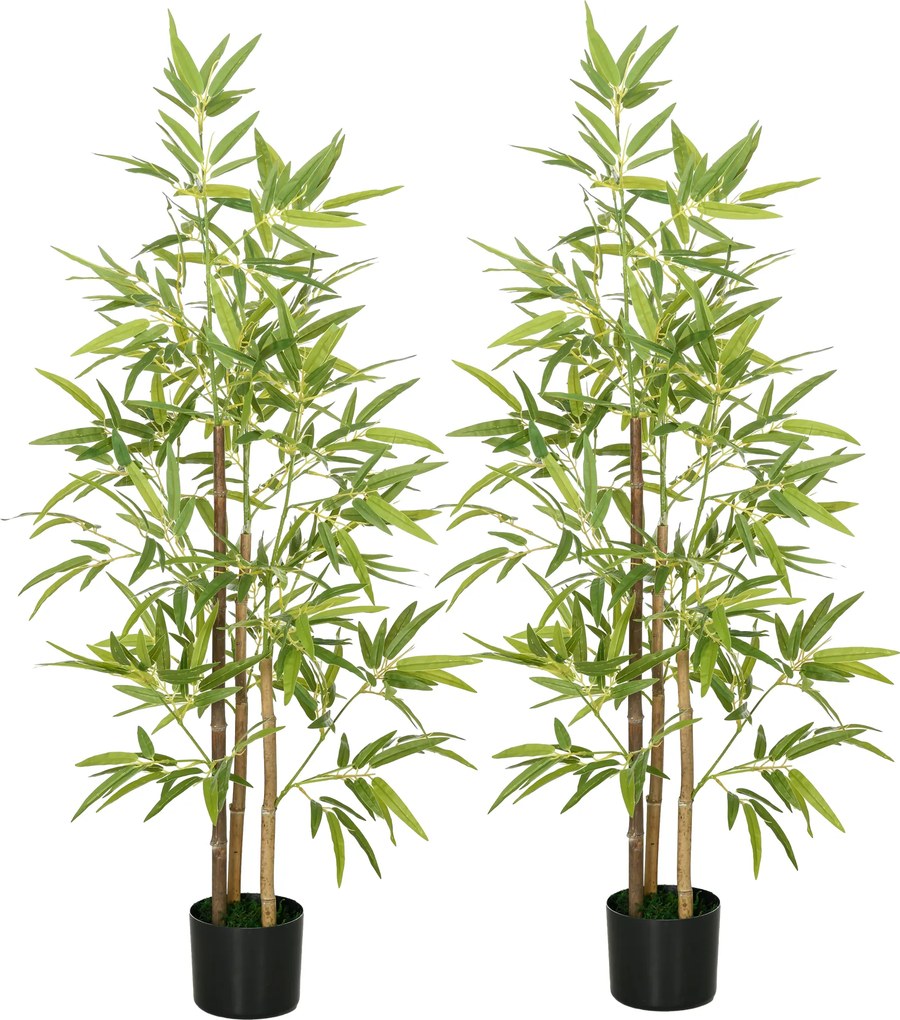 HOMCOM Set Plante Bambus Artificiale cu 3 Trunchiuri cu Ghiveci, Plante Artificiale din PP și Metal, 15x15x120 cm, Verde | Aosom Romania