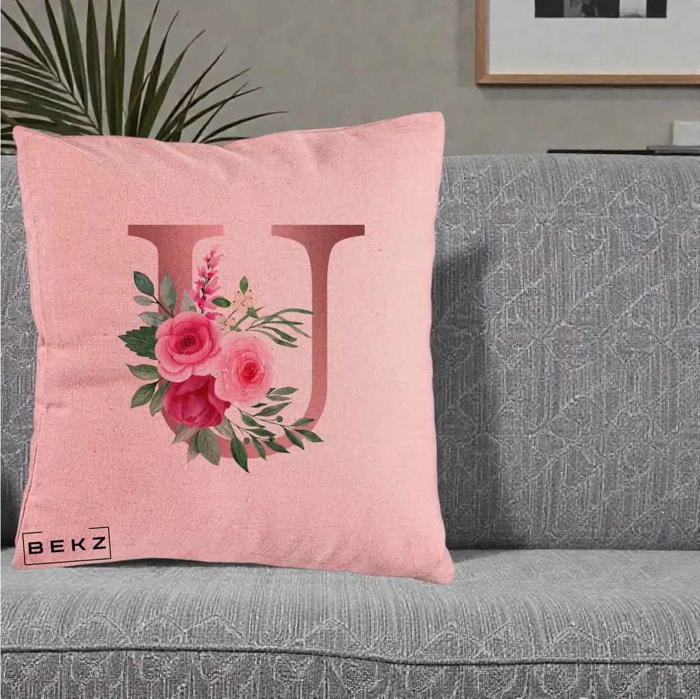 Cadou Personalizat - Perna Personalizata Monograma Rose Gold Litera U, 40x40 cm, Roz, Husa Detasabila, Perna Inclusa, BEKZ®