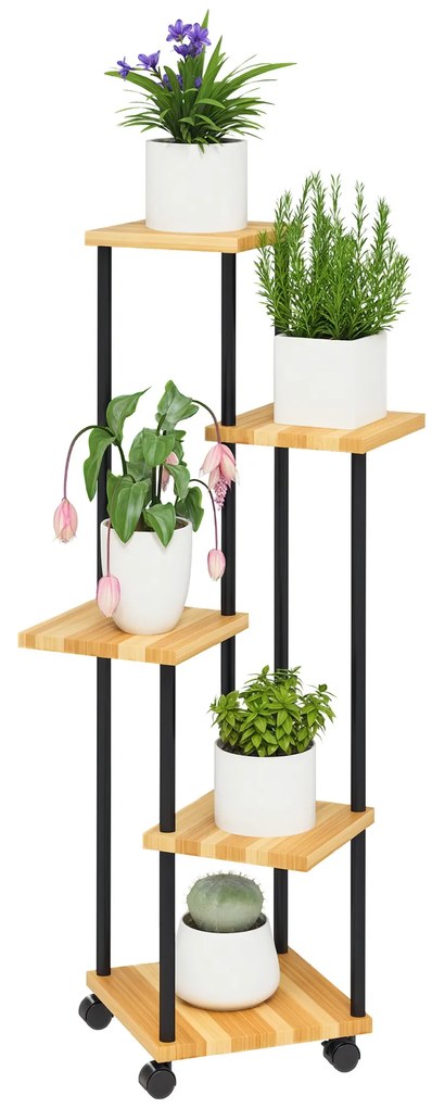 Outsunny Suport pentru Plante cu 5 Niveluri pentru Interior și Exterior, Etajeră cu 4 Roți din Oțel și Lemn, Lemn Natural | Aosom Romania