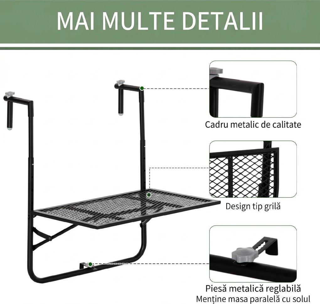 Outsunny Masă Pliabilă pentru Balustradă sau Balcon, din Metal, Reglabilă în Înălțime, 60x60x57-72cm, Negru | Aosom Romania
