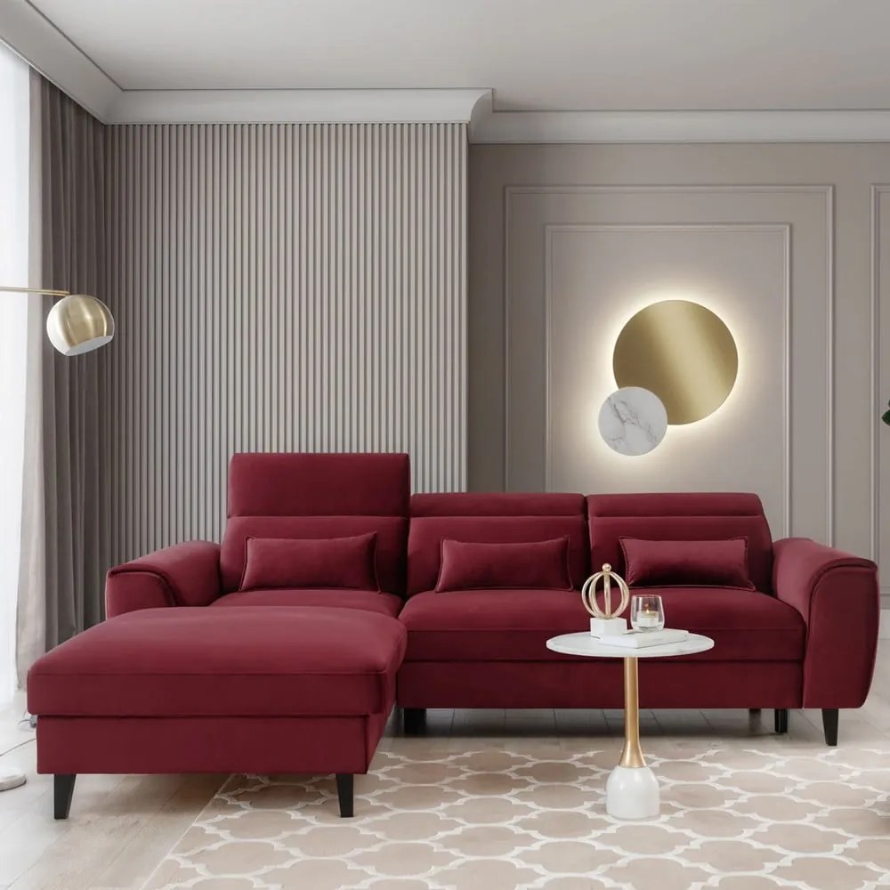 Colțar roșu extensibil/cu spațiu de depozitare cu tapițerie din catifea (cu colț pe partea stângă/cu șezlong) Foble – ELTAP