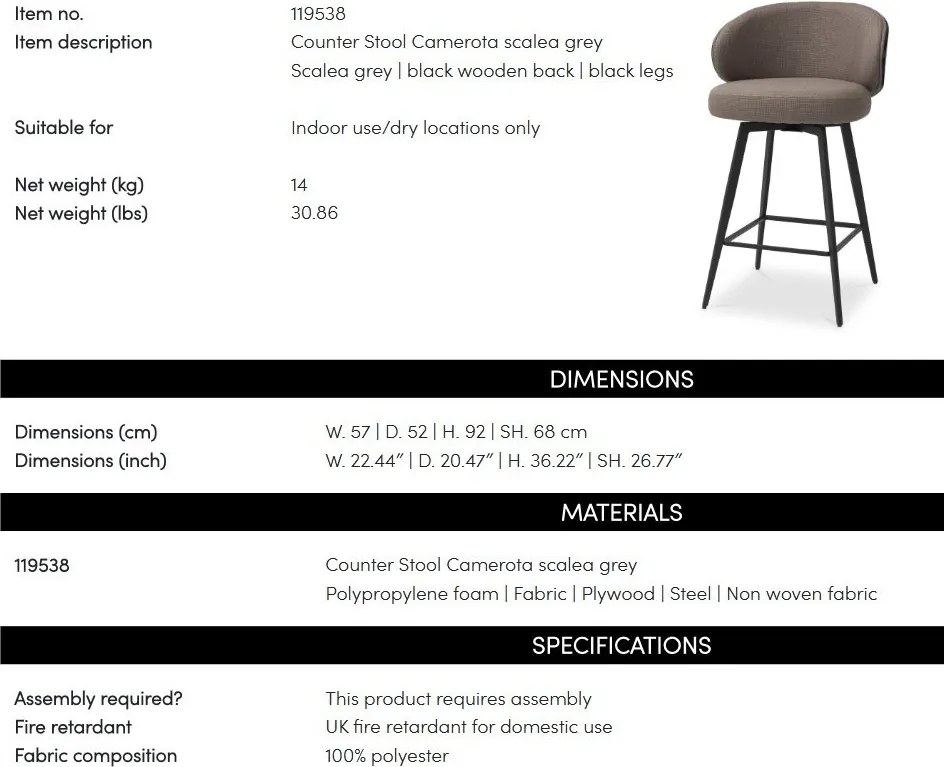 Scaun de bar design elegant LUX Camerota, Scalea grey