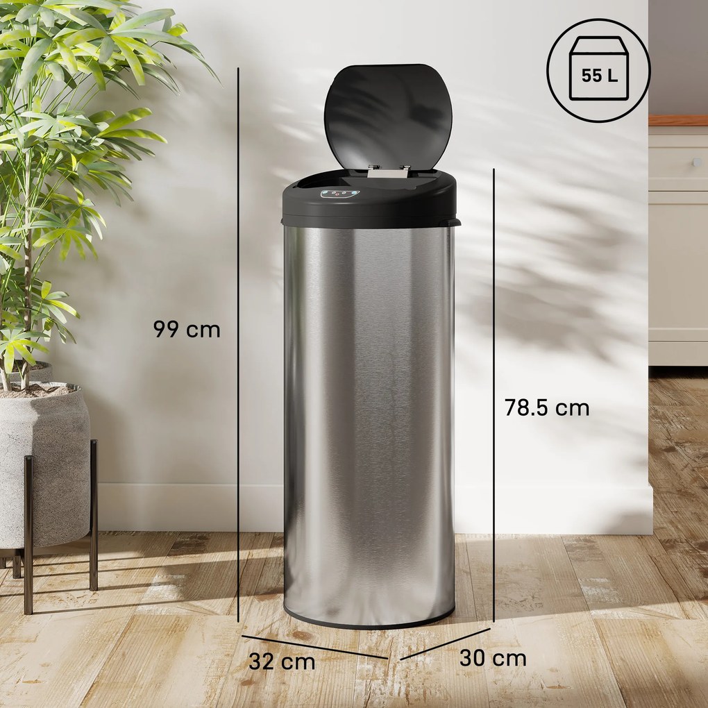 HOMCOM Coș de gunoi de 55L cu senzor pentru deschidere automată și închidere amortizată, 32x30x72.5 cm, Argintiu | Aosom Romania