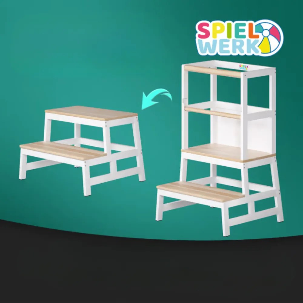 Turn de învățare PLAY din pin, 93x56x49, albă/natur maro Spielwerk
