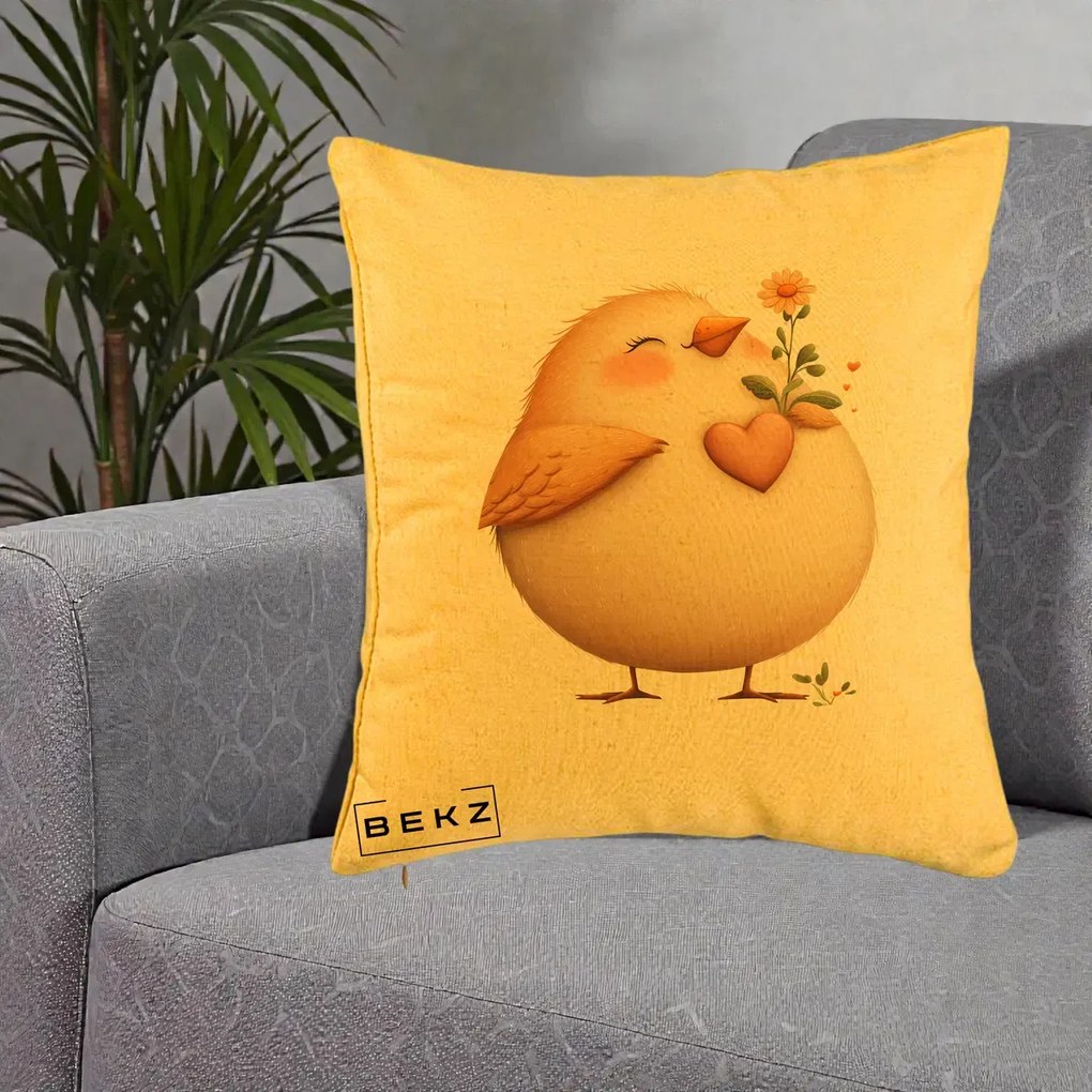 Perna Decorativa Pui cu Inima si Floarea-Soarelui, 40x40 cm, Galben, Husa Detasabila, Perna Inclusa, BEKZ®